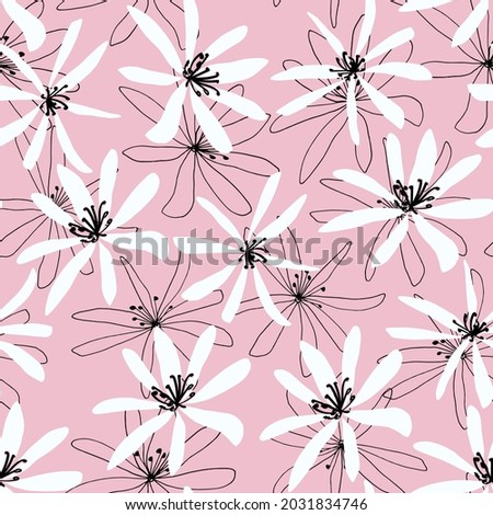 Vector seamless pattern of wildflowers, daisies, clematis on pink background. Hand-drawn. Botanical pattern. Design for posters, postcards, textiles, fabrics, prints, decor, paper, packaging.