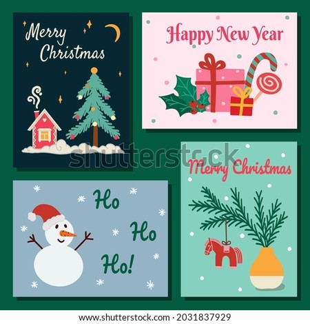 Cute Set of Christmas and Happy New Year greeting Card. Gingerbread House, Christmas Tree, Gift Boxes, Snowman, Swedish Dalahorse, Trendy retro style. Hand-drawn Vector Illustration. Flat design.