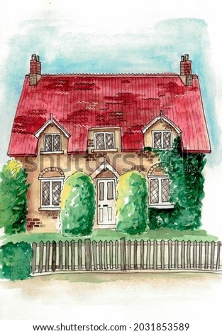 watercolor illustration of the house with trees 