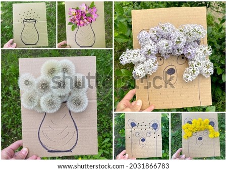 Kids art craft made of cardboard processing and natural plants, a bear with lilac hair, a vase with dandelions and flowers.