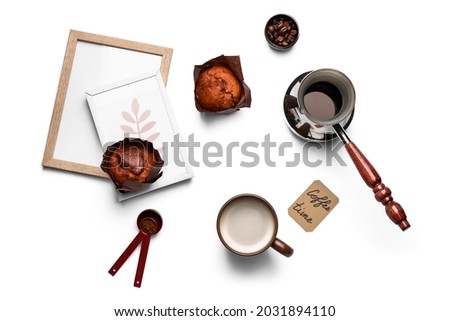 Composition with coffee and muffins on white background