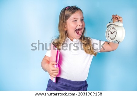 Back to school, invitation, advertisement banner.  Cute primary school student girl in white blue uniform, with books, alarm clock. Time to Learn, school sale concept
