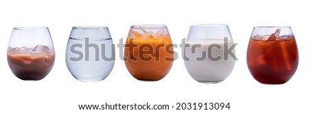 Collection of cold drinks in clear glass, coffee, tea, milk, red juice on white background. Royalty-Free Stock Photo #2031913094