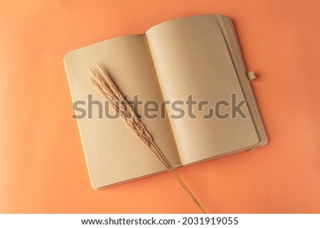Blank open diary (notebook, sketchbook) with fall grass. Concept of writing letter, wishes, goals, plans, life story. Autumn composition herbarium. Copy space for text