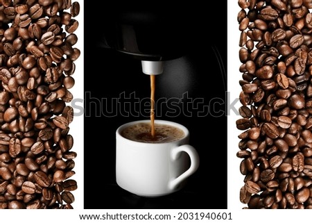 Picture of coffee pouring out of a coffee machine into a white mug on a black background. and on the left and right there is a picture of roasted coffee beans. Suitable for use in food and drink.