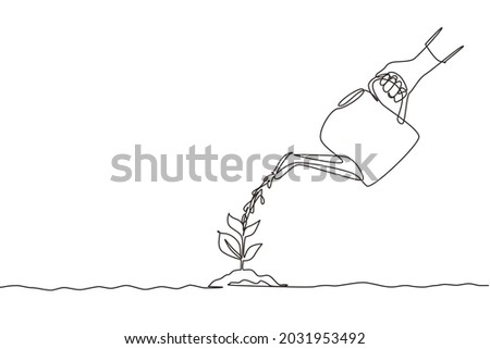 Single continuous line drawing hand holding watering can watering plant at ground. Earth day save environment concept. Growing seedling forester planting. Dynamic one line draw graphic design vector