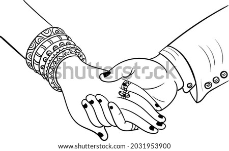 Wedding Indian invitation card isolated on white. India marriage template.Beautifully decorated Indian bride hand.Close-up of groom holding brides hand.Indian bride with Mehandi in hand in vector.