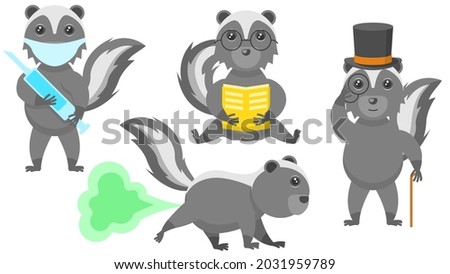 Set Abstract Collection Flat Cartoon 
Different Animal Skunk Reading Book, Stinks, Masked Doctor With Syringe, In A Top Hat And With A Cane Vector Design Style Elements Fauna Wildlife