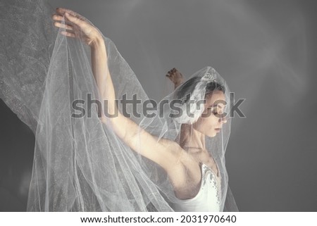 White swan. Tender young beautiful ballerina, female ballet dancer dancing behind the veil on white background. Beauty and grace.