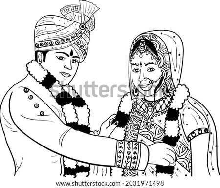  INDIAN GROOM AND BRIDE WITH FLORAL PATTERN GATE VECTOR ILLUSTRATION BLACK AND WHITE CLIP ART