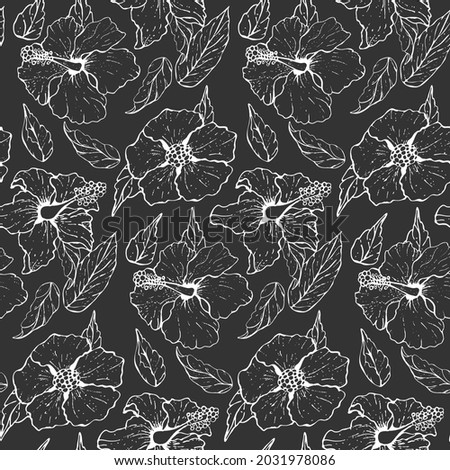 Seamless pattern. Hibiscus, buds and leaves, with a white outline. Against a dark background. Stock vector illustration.