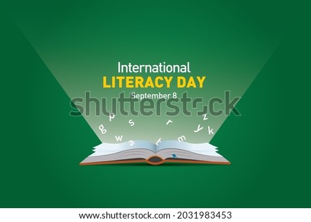 International Literacy Day Vector illustration of open book with alphabet letters and earth. Children education background or learning event concept. Royalty-Free Stock Photo #2031983453