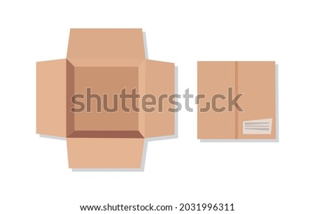 Opened and closed paper cardboard box on white background, top view. Flat vector illustration.