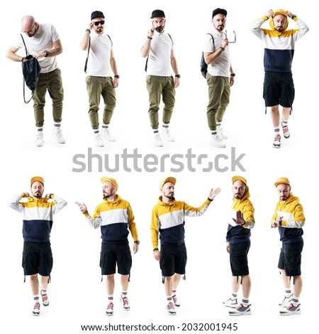 Set of nerdy style and urban trendy males searching, walking, checking time and greeting gestures. Full length people isolated on white background