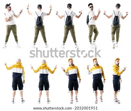 Set of many hip hop style clothes and nerdy  males doing various touch screen and pointing gestures. Full length people isolated on white background