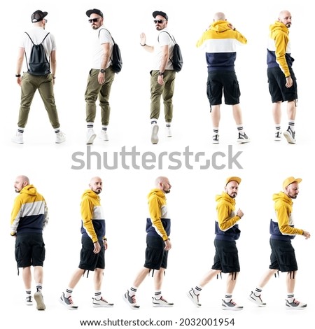 Collage of back and side view young stylish males walking standing doing various gestures. Full length people isolated on white background