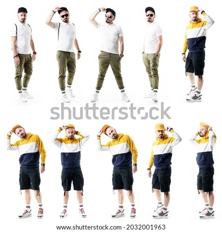 Collage of different style males nerdy and urban interacting with baseball cap, removing and put on. Full length people isolated on white background