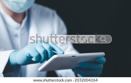 Doctor hand touching button of blank search bar screen background, Search engine optimize on business web bar banner, business and technology concept, web banner,Search engine optimize concept.