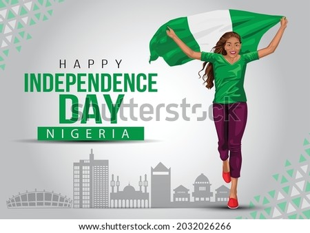 1st October Nigeria Independence Day. young girl running with holding Nigeria flag in her hands behind. vector illustration	 Royalty-Free Stock Photo #2032026266