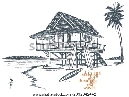 Vector handmade illustration with free and stripped lines of beach house with surfboards. Royalty-Free Stock Photo #2032042442