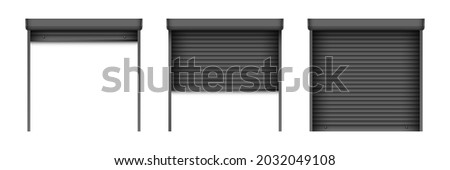 Black roller shutter gate set. Open and closed roller shutter doors for security decoration design. Metal industrial shutter doors. Royalty-Free Stock Photo #2032049108