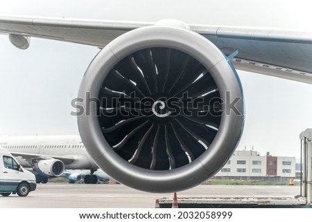 airplane jet engine turbine close up, new technology engineering