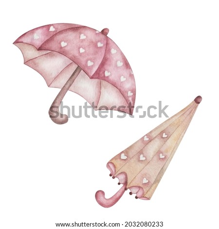 Watercolor illustration hand painted open and closed pink umbrella with hearts, hooked handle isolated on white. Autumn clip art element for rainy fall season, fabric textile design, postcards, poster