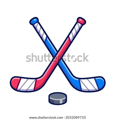 Ice hockey symbol, two crossed hockey sticks and puck. Red vs blue game. Simple and cute vector clip art illustration.