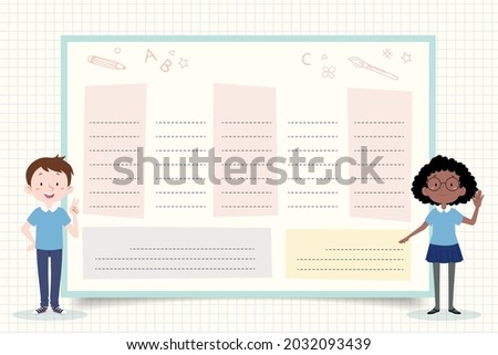 Back to school timetable. Hand drawn. Classroom timetable. Plan note education. Planner, table class. Child, academic template. Organizer paper weekly. Vector illustration.
