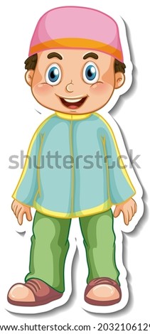 A sticker template with Muslim boy in standing pose cartoon character illustration