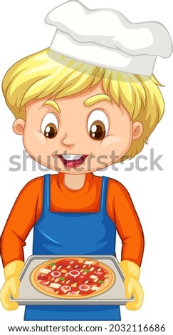 Cartoon character of a chef boy holding a tray of pizza illustration