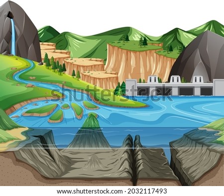 Nature scene landscape with underwater of lake and mountain background illustration