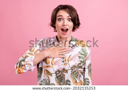 Photo of young girl happy positive smile hand on chest amazed shocked news isolated over pink color background