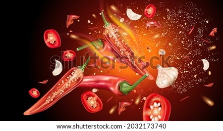 Red chili pepper with chili splashing elements ads isolated on solid color background, Vector realistic in 3D illustration. Royalty-Free Stock Photo #2032173740
