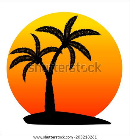 island with palm trees on sunrise on white background, vector illustration