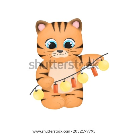 Funny cartoon animals.Digital watercolor illustration tiger cub. Hand draw christmas animal. year of the tiger. New year clipart. Children decoration