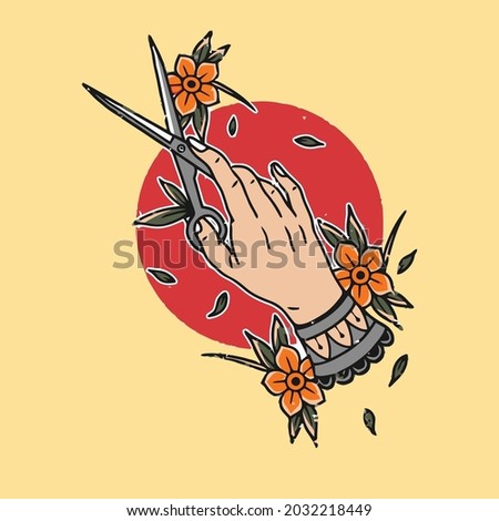 vector hands with scissors cutting flowers