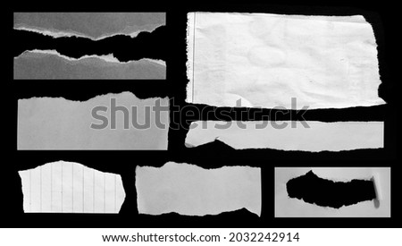 Collection of ripped paper isolated on black background with copy space for text