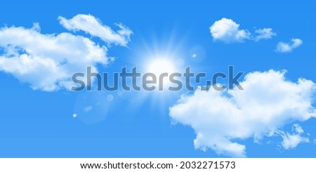 Beautiful blue sky with clouds and sun. Shining Sun In A Clear Blue Sky. stretch ceiling sky picture