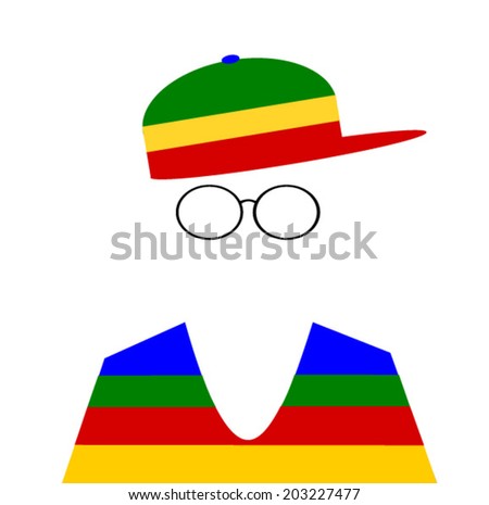 person wearing colorful striped shirt and baseball cap.
