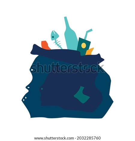 Plastic bag full of waste and rubbish flat vector illustration