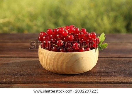 Fresh ripe red currant in bowl on wooden table outdoors Royalty-Free Stock Photo #2032297223