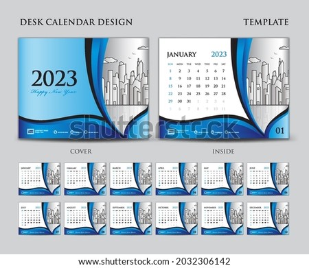 Desk calendar 2023 template set, Cover design, Blue wave background, wall calendar 2023 design, planner, calendar date, simple, Week starts on Sunday, set of 12 calendar, advertisement, Vector