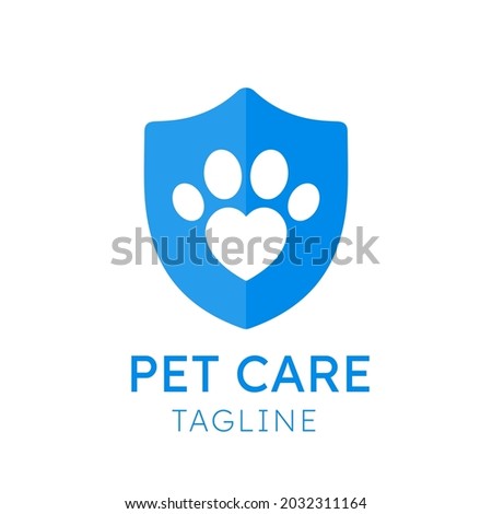 Pet Care Logo Vector Template. Heart shape paw with shield protection care design. This design can be used in pet rescue, pet clinic and veterinary.