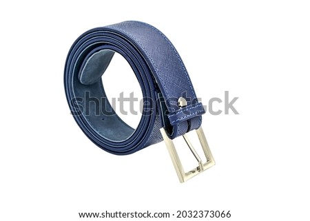 Women's blue leather waist belt with silver metal buckle on white background. Clipping path.