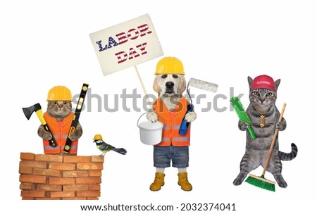Pet builders with construction tools celebrate labor day. White background. Isolated.