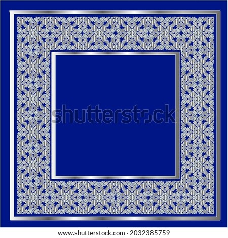 silver frame for design template. Elegant element for design in Eastern style, place for text.on a  blue background. Lace vector illustration for invitations and greeting cards