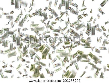 dollar note falling down over white background