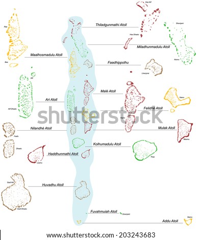 A large and detailed map of the Maldives with all islands and atolls. Royalty-Free Stock Photo #203243683