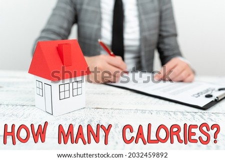 Conceptual caption How Many Calories Question. Conceptual photo asking how much energy our body could get from it New home installments and investments plans represeneted by lady